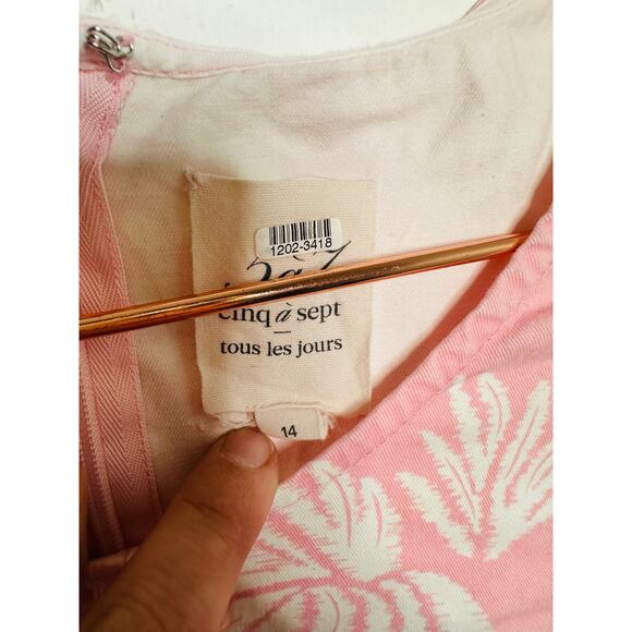 CINQ A SEPT Pink White Tropical Leaves Cotton Blend Phoenix Madison Dress sz 14 - Picture 5 of 13